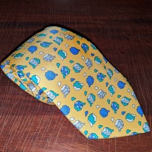 Hermes Silk Tie Yellow w/ Shirts & Hats Print